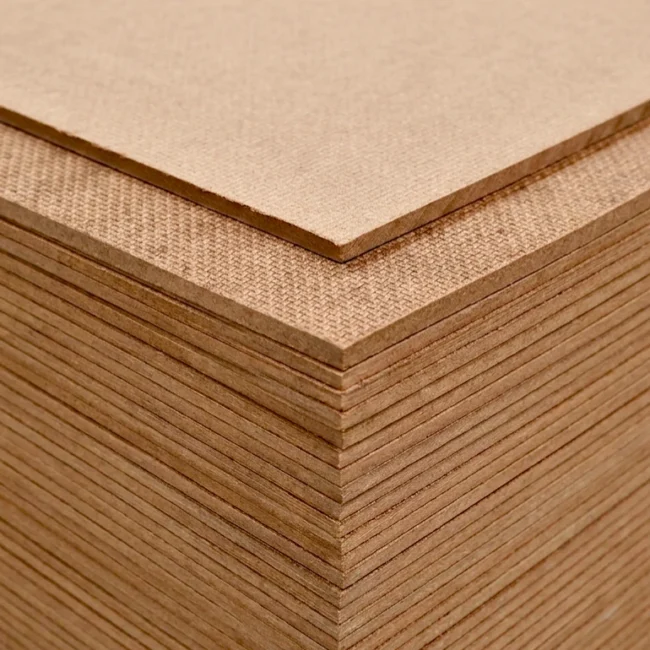 the corner of a pack of 6mm eucalyptus hardboard panels