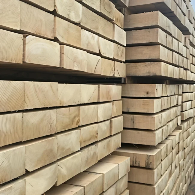 multiple packs of high quality french 100x200 oak sleepers stacked together in a timber yard