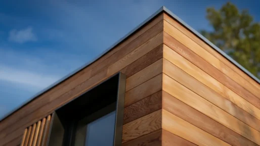 The exterior of a modern building clad in Western red cedar with a blue sky in the background